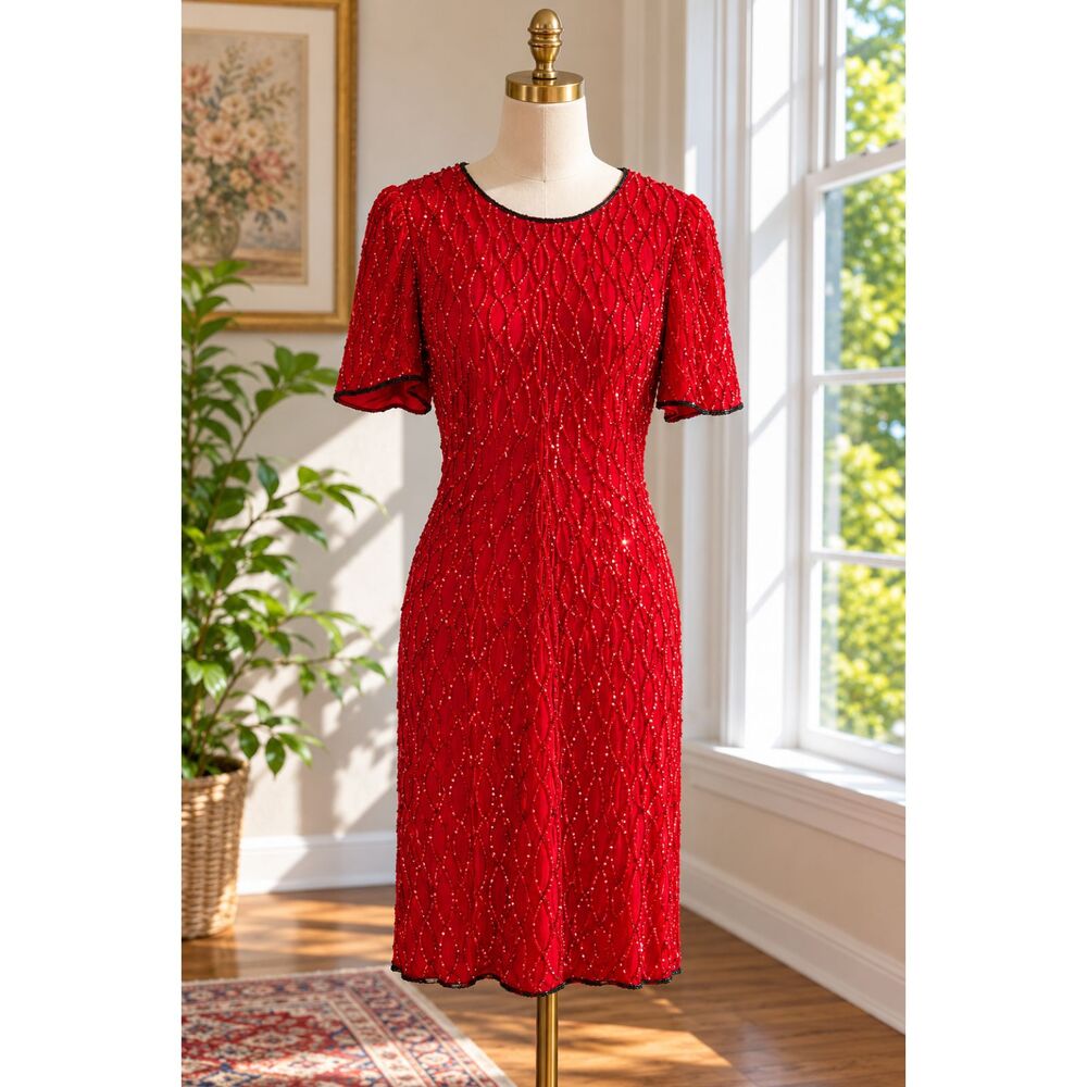 Vintage Laurence Kazar Red Silk Beaded Sequin Cocktail Dress Medium Party Glam